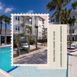 a stamp overlay with a spacious pool in the background
